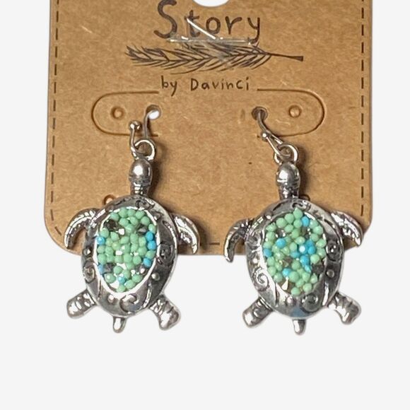 Story by Davinci Pierced Earrings Turtle Silver Tone Green Dangle Jewelry New - Picture 8 of 8